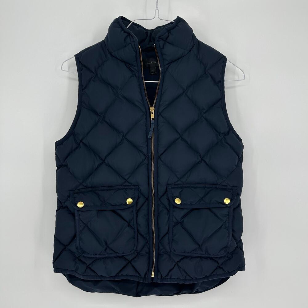 J.Crew Navy Quilted Puffer Vest Women’s Small Gold Snap Pockets Zip Front